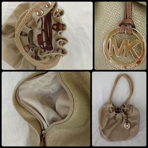 Michael Kors Bucket Bag Gold Tone Fabric/Marine Rope Brown leather trim